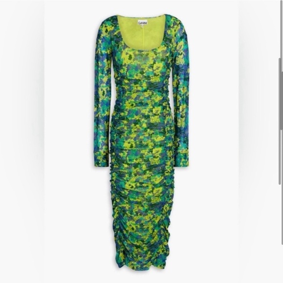 Ganni Ruched Printed Long Sleeve Stretch-Mesh Midi Dress - Picture 3 of 12
